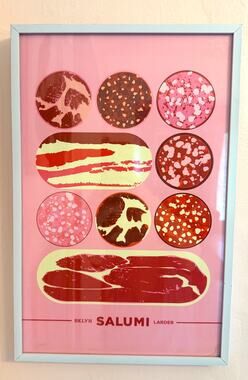 BKLYN Salumi Larder Framed Kitchen Print Pink White Frame Meat Chart Kitsch Art